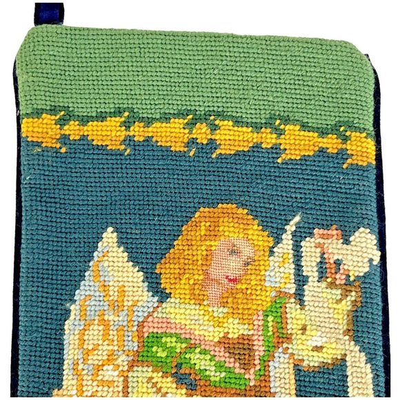 Needlepoint By Hand Angel Christmas Stocking Wool Velvet Back 18" Blond Hair - Picture 2 of 5